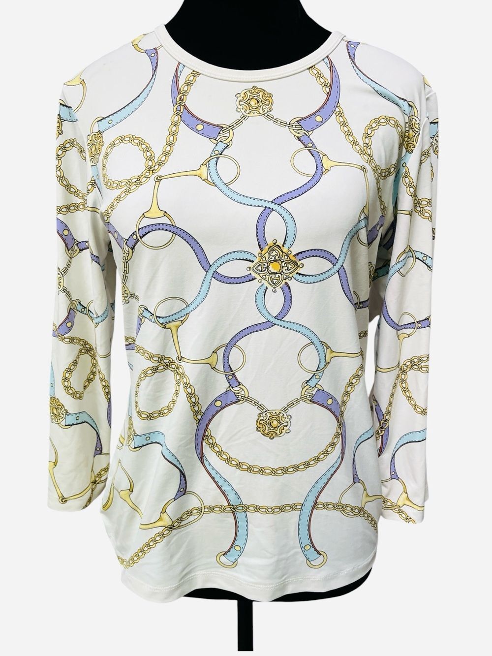 J. McLaughlin Catalina Top Medium Equestrian Chain Print Preppy Stretch Travel